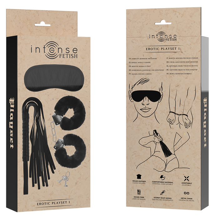 INTENSE - FETISH EROTIKSPIELSET 1 MIT HANDSCHELLEN, BLINDMASKE UND PEITSCHE